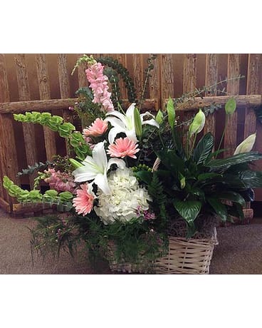 Basket arrangement with white lilies, pink daisies, and hydrangea