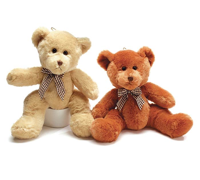 Two plush teddy bears with striped bows on a white background.