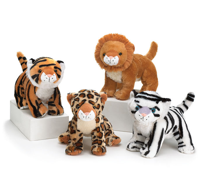 Set of four small plush jungle animals including tigers, a lion, and a leopard on white blocks.