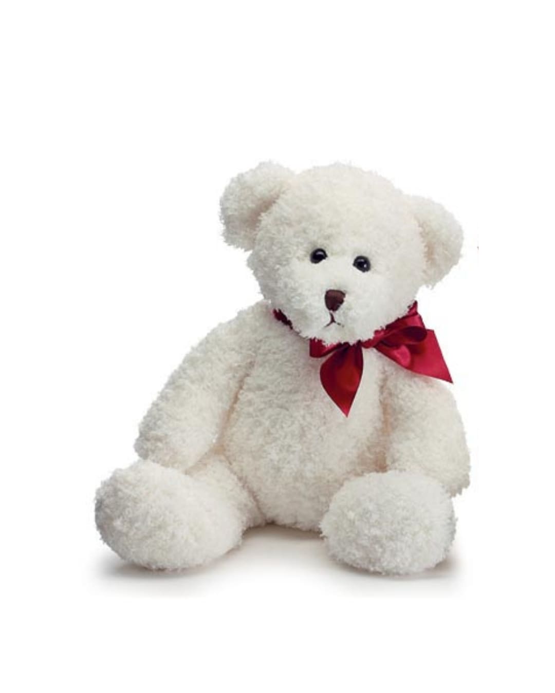 White teddy bear with a red ribbon bow