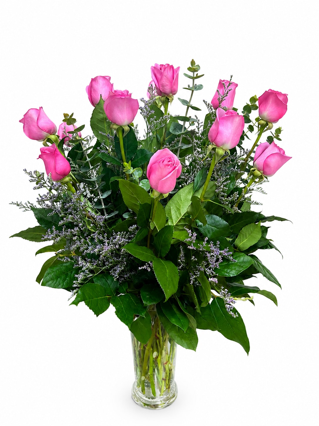 Lavender Roses - Lovely lavender roses are truly enchanting and exotic, symbolizing love at first sight and heartfelt admiration. When this stunning bouquet is delivered, it’s sure to spark instant romance. Even more captivating, the soft lavender blooms are beautifully paired with the rich, dark forest green of fragrant eucalyptus, creating an intoxicating contrast that feels both timeless and modern.  Perfect for: Romantic gestures, Anniversaries, Birthdays, New Beginnings, Congratulations, Thinking of You moments, or just because.  Standard: 12 Roses Deluxe: 18 Roses Premium: 24 Roses  T68-1A