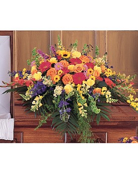 Celebration of Life Casket Spray - The vibrant colors of these flowers celebrate a life filled with joy compassion and love. One half-couch casket is created using vibrant orange roses and gladioli sunflowers purple liatris yellow snapdragons and red gerberas. Approximately 51" W x 41" H Orientation: All-Around   TF203-7