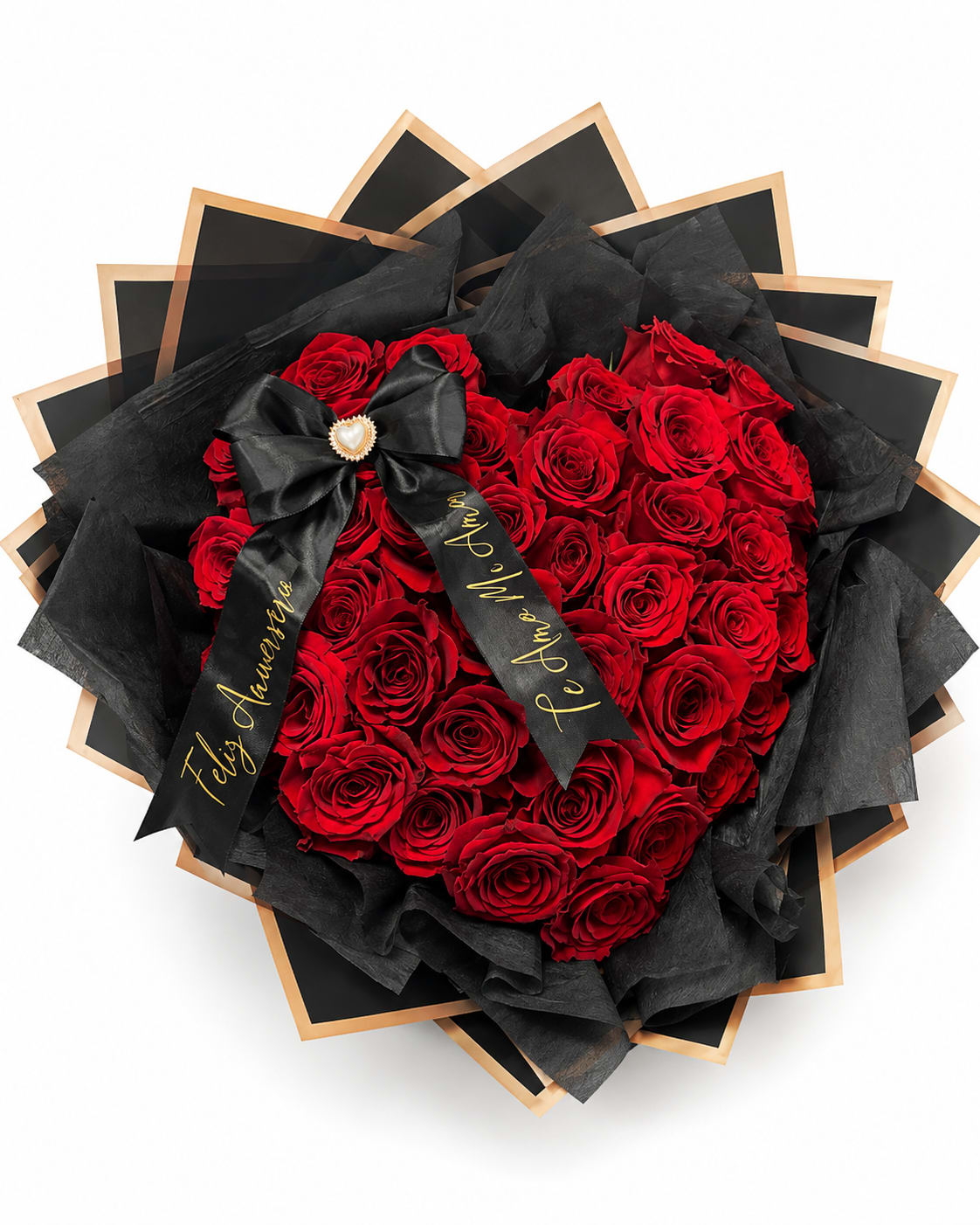 Heart-shaped bouquet of red roses wrapped in black paper with a ribbon