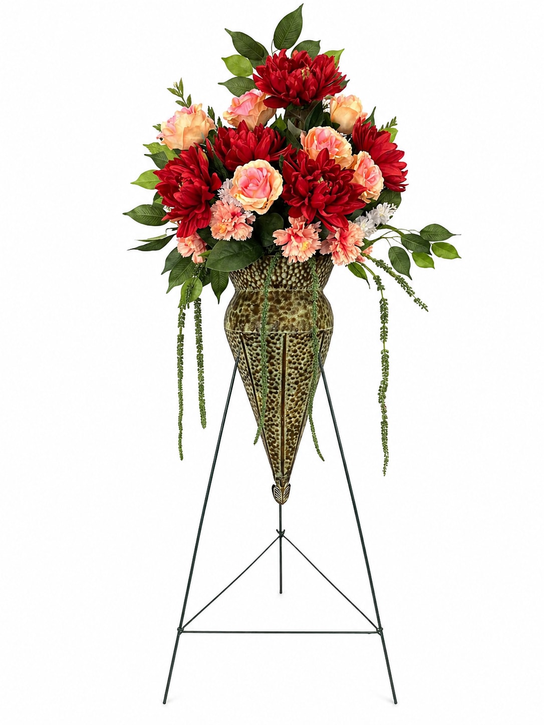 Silk Standing Spray - A beautifully crafted standing spray featuring high-quality silk flowers arranged in a full, elegant display. Designed to create a graceful and comforting presence, this piece showcases a thoughtful blend of blooms, soft textures, and flowing greenery.  Perfect for memorial services, funerals, or celebrations of life, this standing spray offers a lasting tribute that honors and remembers a loved one. The silk flowers maintain their beauty over time, making it a keepsake that can be cherished long after the service.