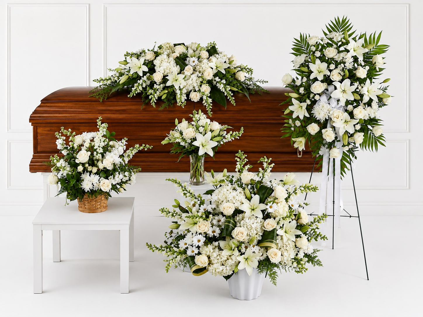 Honoring a Life with Pure Beauty Bundle - A serene, formal tribute that brings calm and dignity to a funeral or sympathy service, Honoring a Life with Pure Beauty combines crisp white blooms. This funeral arrangement set and matching ceremonial stoles work together to create a cohesive presentation-ideal for a casket-side tribute, a standing spray on an easel, or to present to the family as a comforting expression of sympathy. The collection includes classic white lilies, roses, daisies, chrysanthemums, hydrangeas and delicate alstroemeria, Pieces are shown in polished touches-a wooden casket surround, a large standing spray on a white pedestal easel, lower vase and basket arrangements. Designed to comfort the people you're honoring, this set presents a unified, tasteful statement meant to soothe mourners and commemorate a life with quiet beauty. 