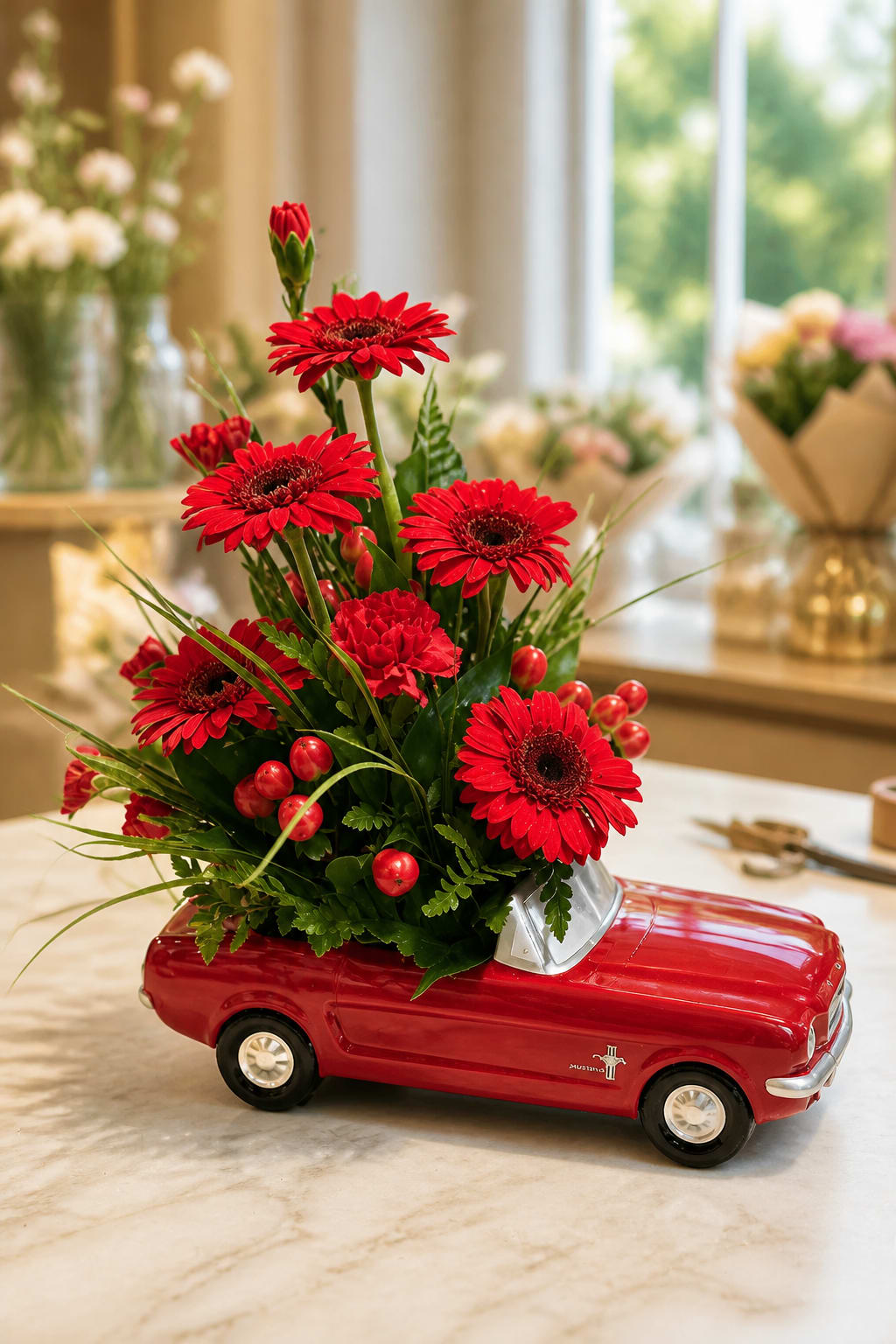 Dad's Dream Wheels - This Father's Day, get Dad's motor running with this collectible gift! In the perfect shade of poppy red, this classic '65 Ford Mustang presents an array of vibrant flowers. What a beautiful, fun-filled display for dad's desk or bedroom!
