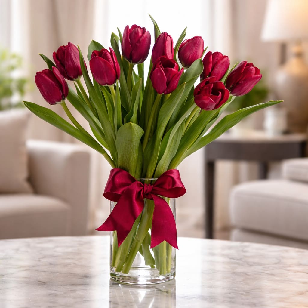 Red tulips in a clear glass vase with a burgundy ribbon