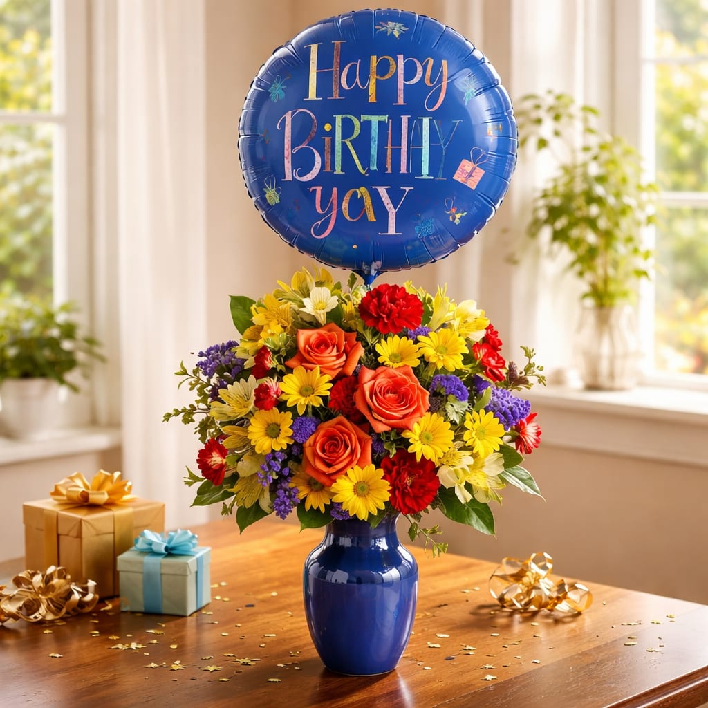 Birthday bouquet in a blue vase with a blue happy birthday balloon