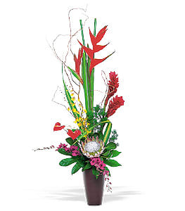 Tall tropical flower arrangement in a brown vase with red and pink blooms