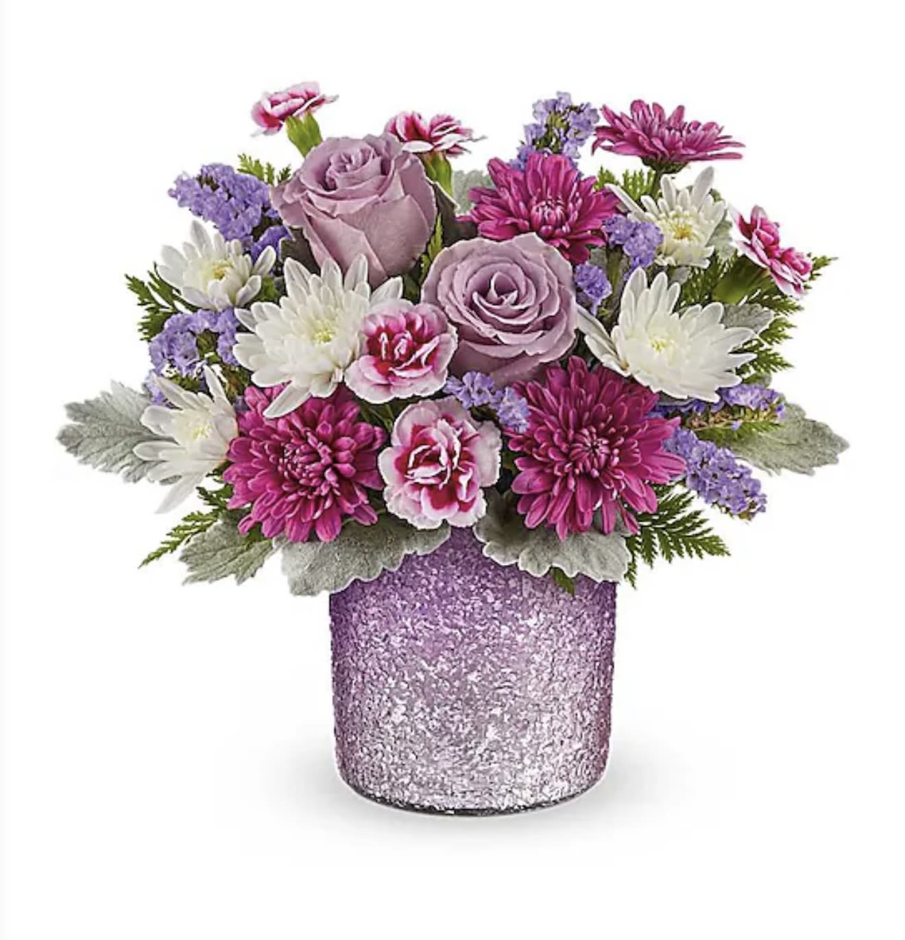 Bouquet of pink and lavender flowers in a glittery purple vase