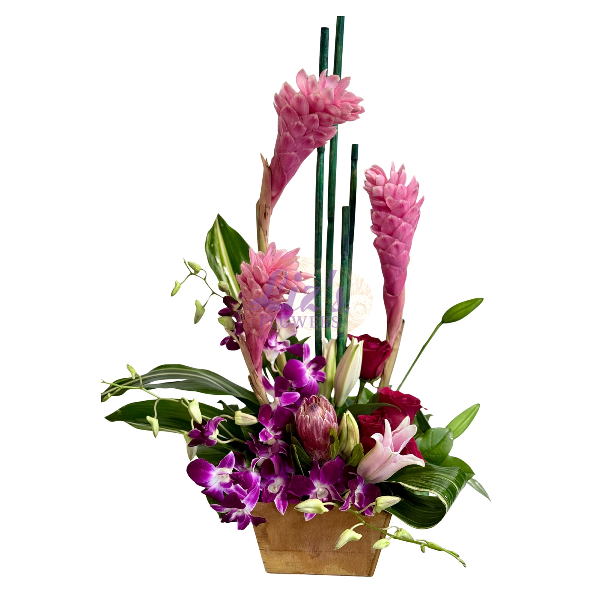 Pink tropical floral arrangement in a wooden container with tall green stems