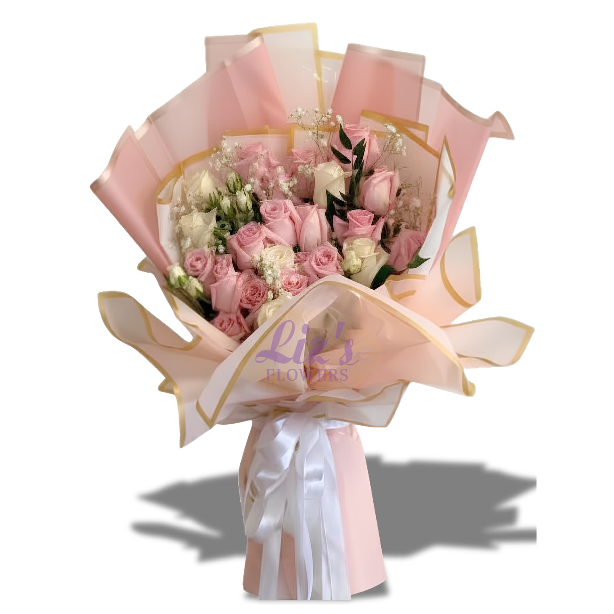 Pink Rose Wrap - A lush cluster of pink and white roses in a rounded, hand-tied bouquet, wrapped in layered, translucent, pale-pink paper with subtle gold edging and tied with a satin ribbon.