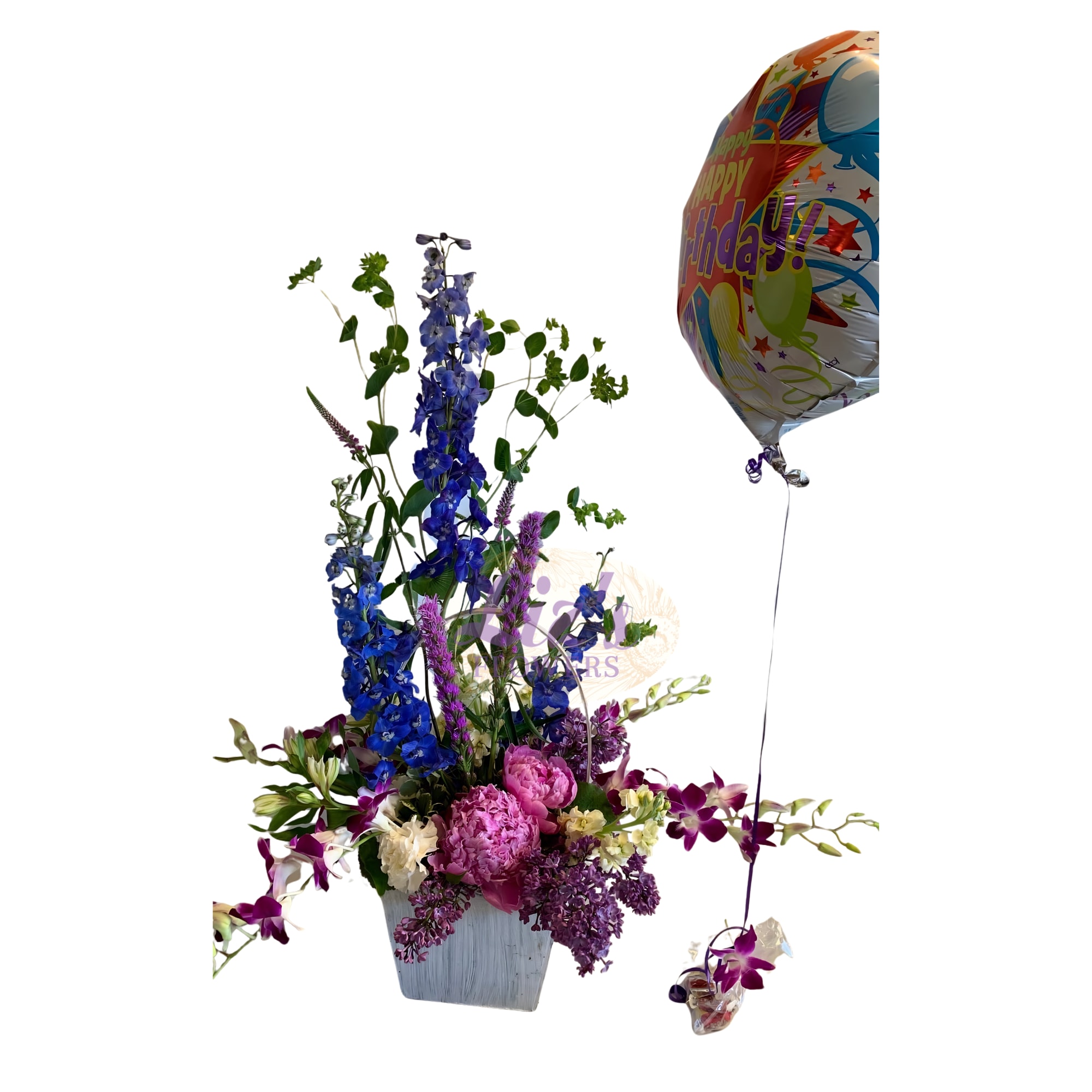 Flower &amp; Balloon Bouquet Bundle - This colorful spring mix of flowers comes with your choice of mylar balloon to celebrate any occasion! The flowers will be designed with the freshest seasonal blooms in the style shown, with an attached balloon that matches the occasion!