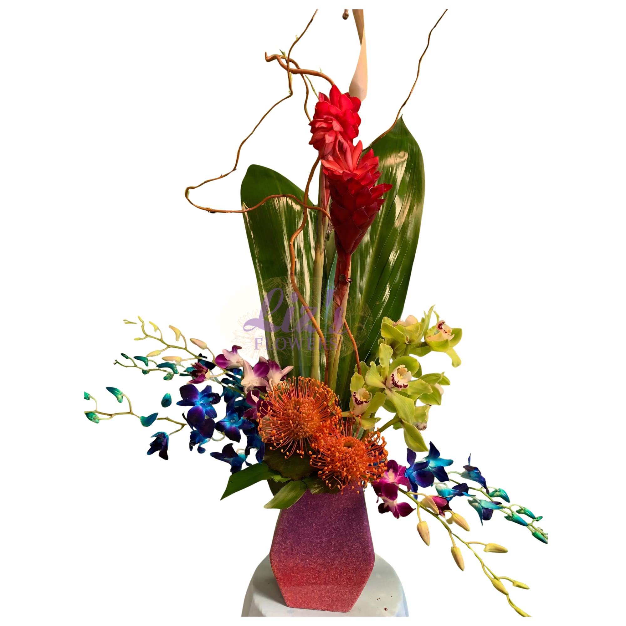 Tropical Paradise Bouquet - Send a warm tropical breeze to someone special with a colorful art piece of tropical flowers straight from the islands.  Cymbidium and dendrobium orchids, protea, and ginger blooms into a one of a kind tropical arrangement for any occasion. Colors can be customized by request, based on seasonality. 