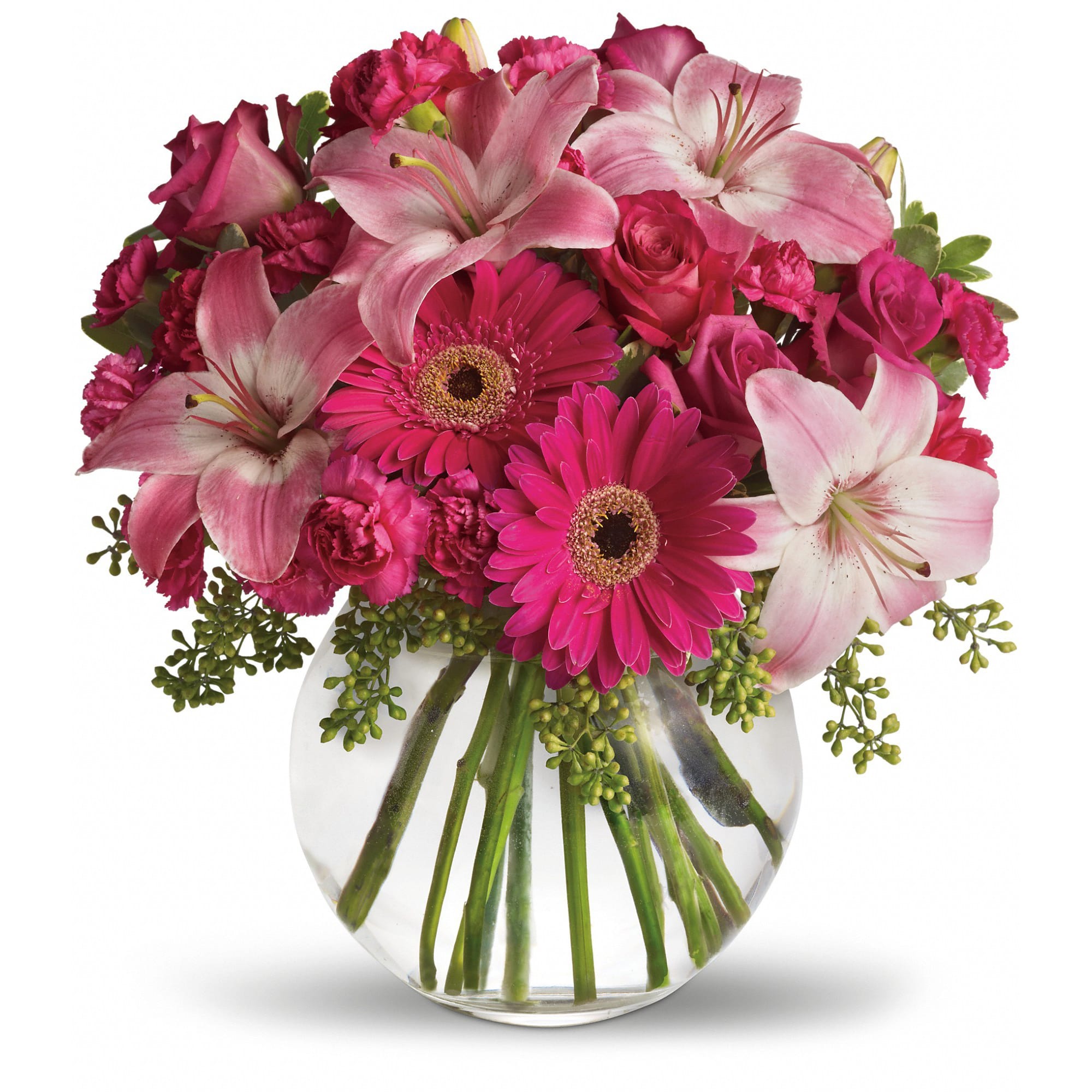 A Little Pink Me Up - Youthful. Graceful. Beautiful. These are just a few qualities that come to mind when gazing at a gorgeous bouquet of pink flowers. Whether you want this arrangement to say "Happy Anniversary" or "Happy Any Day," you can be sure the day it arrives will be brighter for anyone lucky enough to receive it.  Lovely pink roses and asiatic lilies are joined by hot pink gerberas and miniature carnations, pink full-sized carnations and more in a clear glass ball. Send this one and life will be a bowl of cheer!  Approximately 13 1/4" W x 14 1/2" H  Orientation: All-Around  As Shown : T10-3A Deluxe : T10-3B Premium : T10-3C