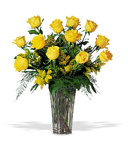 Yellow roses arranged in a tall glass vase