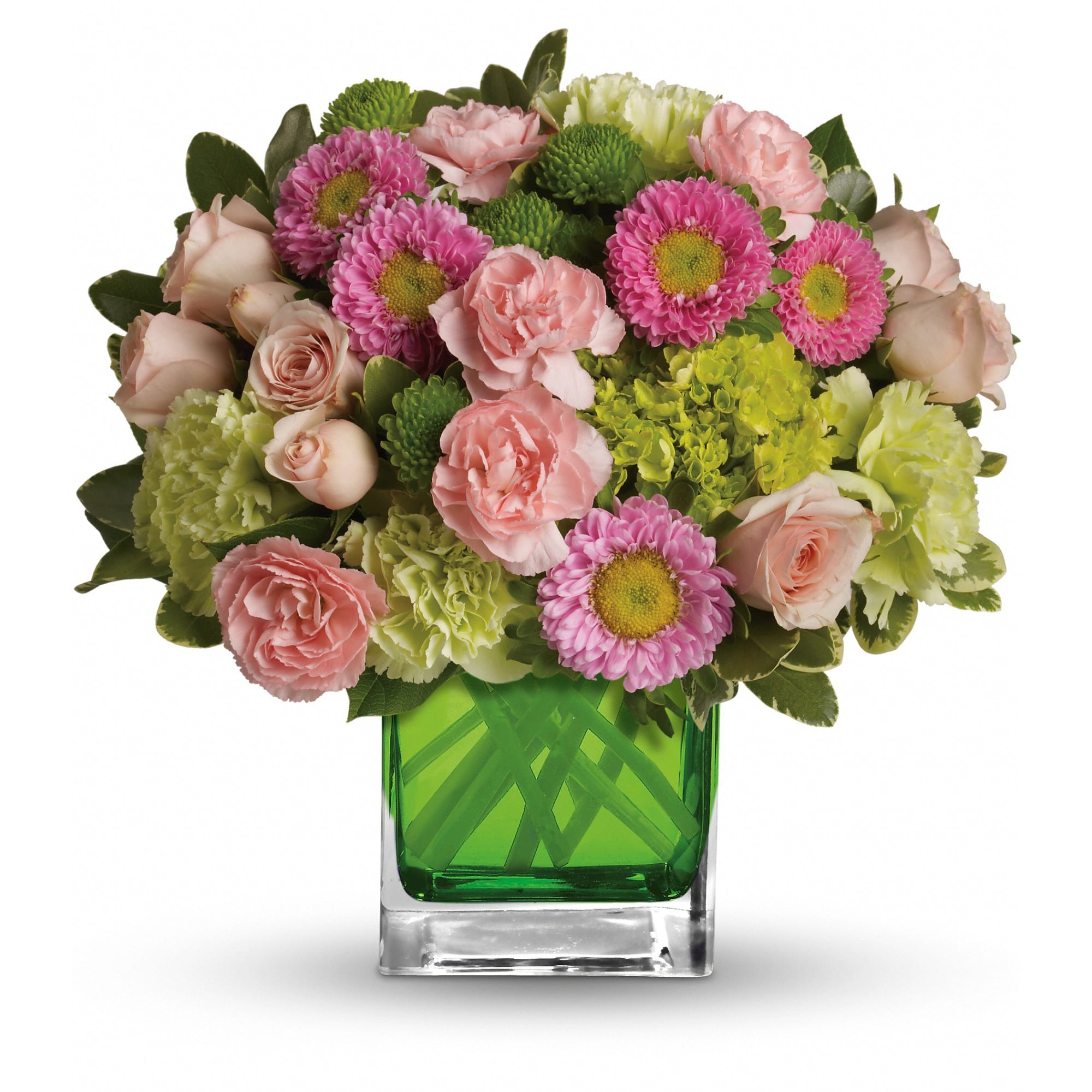 Make Her Day by Teleflora - Sweetly sophisticated, this arrangement of green miniature hydrangea and light pink spray roses presented in our citrus green glass cube is the perfect gift.    Includes green miniature hydrangea, light pink spray roses, green carnations, pink miniature carnations, pink matsumoto asters and green button spray chrysanthemums accented with assorted greens. Delivered in Teleflora's glass citrus cube.    Approximately 11 1/4" W x 11" H    Orientation: One-Sided    As Shown : TEV20-3A  Deluxe : TEV20-3B  Premium : TEV20-3C