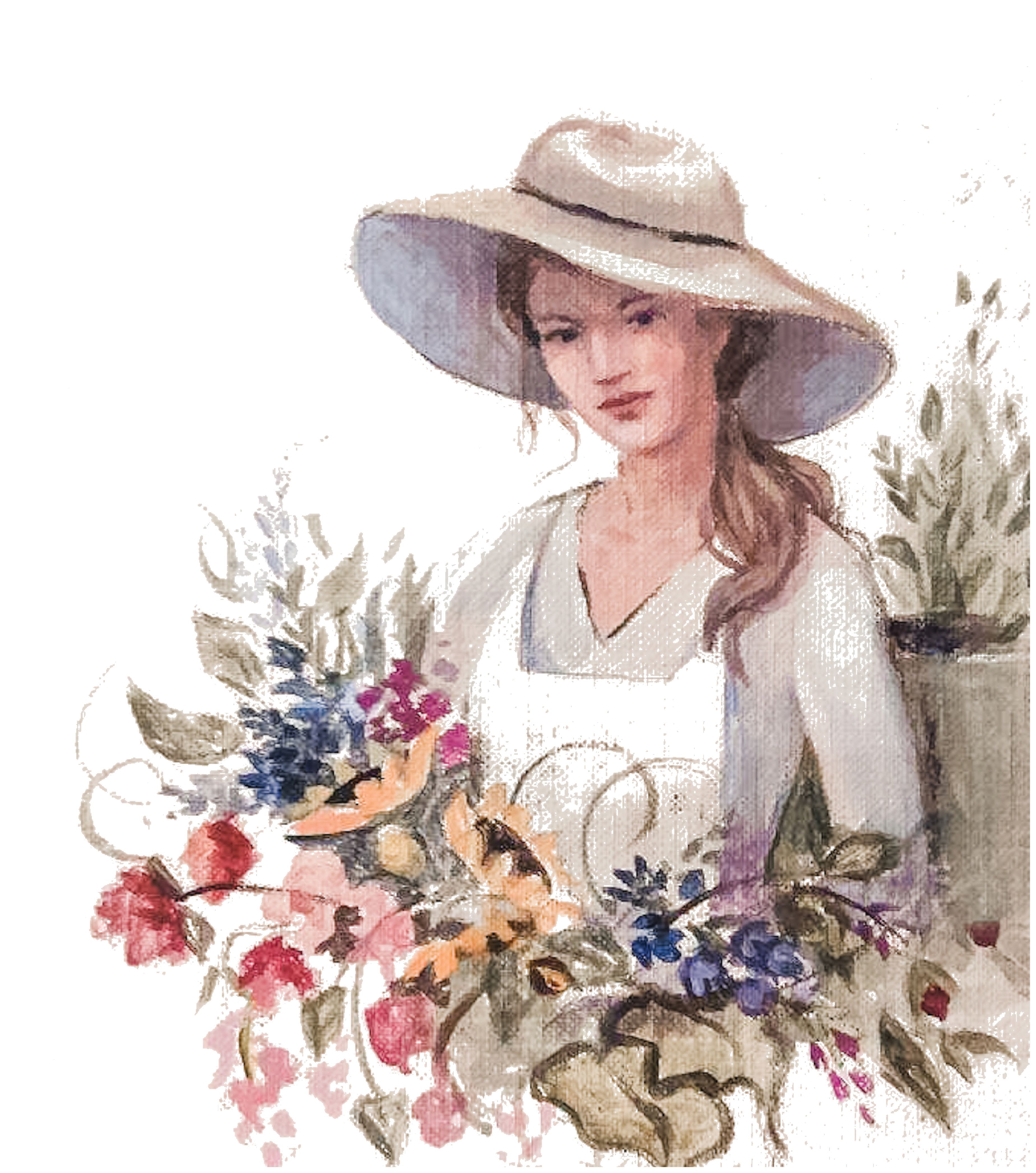 Painting of a woman in a wide-brim hat holding colorful flowers