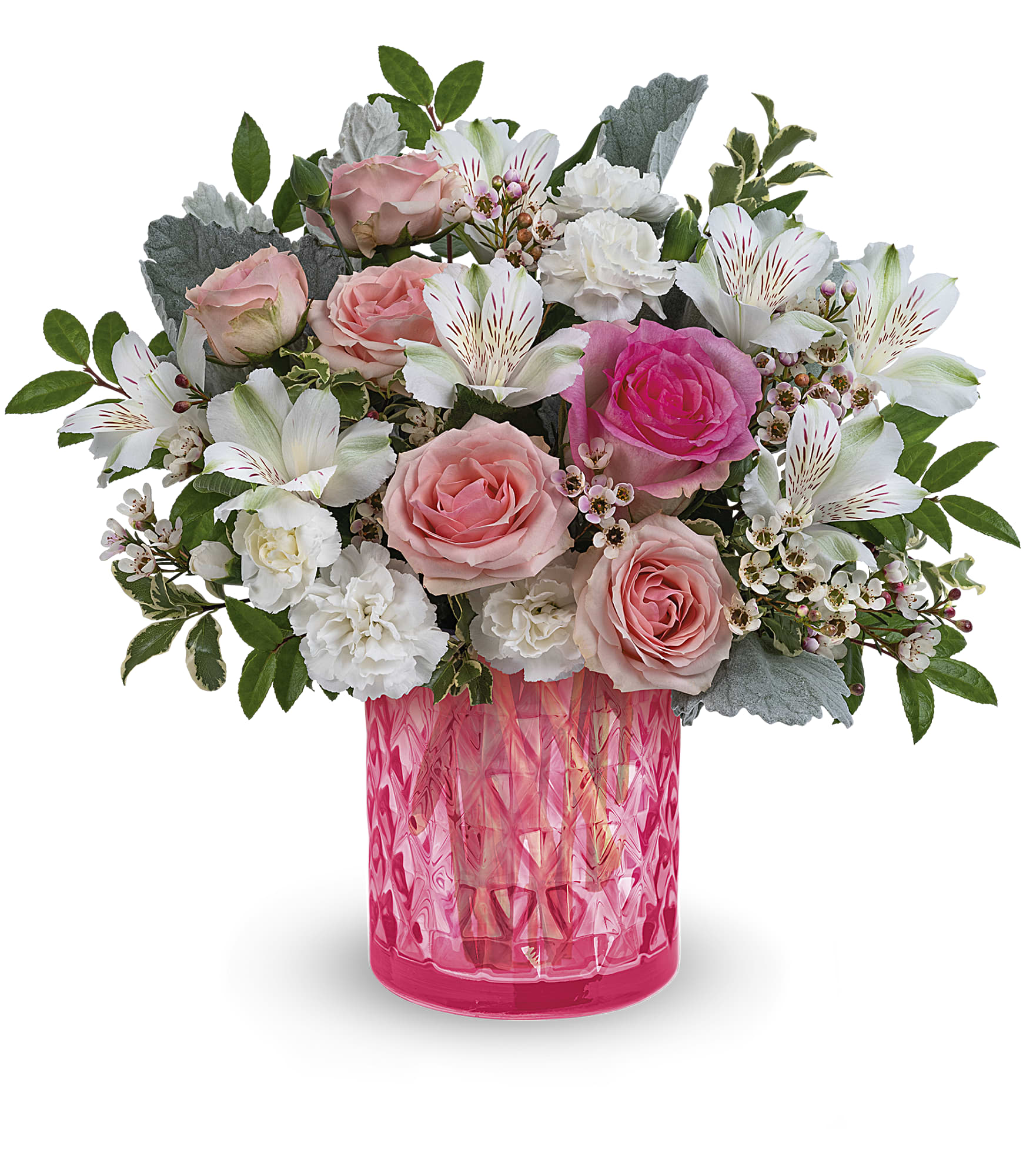 Vintage Vibes - Celebrate your timeless love with this vintage-inspired gift, featuring feminine pink and white blooms in a delightful, diamond-patterned pink glass vase. Pink roses, pink spray roses, white alstroemeria and miniature white carnations are arranged with dusty miller, huckleberry, pitta negra and pink waxflower. Delivered in Teleflora's Vintage Elegance cylinder. Approximately 13" W x 12 1/2" H T23V405A