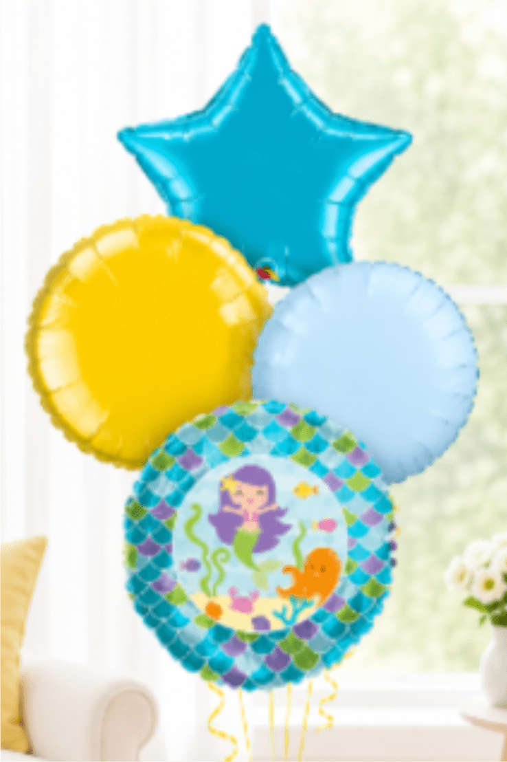 Mermaid Shimmer Balloon Bundle - This fun and fine 4 balloon bundle is perfect for the mermaid in your life.  All balloons are mylar and it includes a weight. Balloon Shapes can very, style and color will be the same.