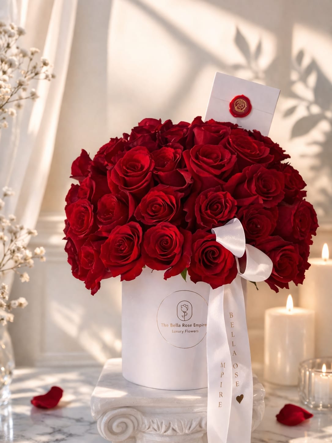 Box Queens  - Beautiful floral satin box with Ecuadorian export roses with hydration system included, that design has 47 to 50 roses
