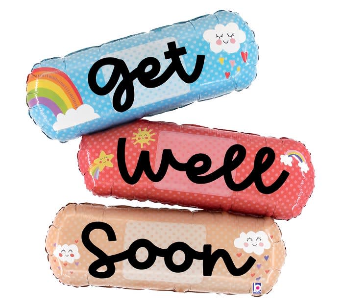 Three colorful foil balloons reading get well soon