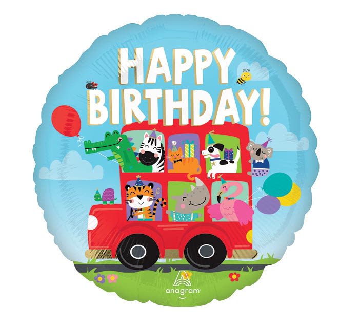 Blue birthday balloon with animals riding in a red bus