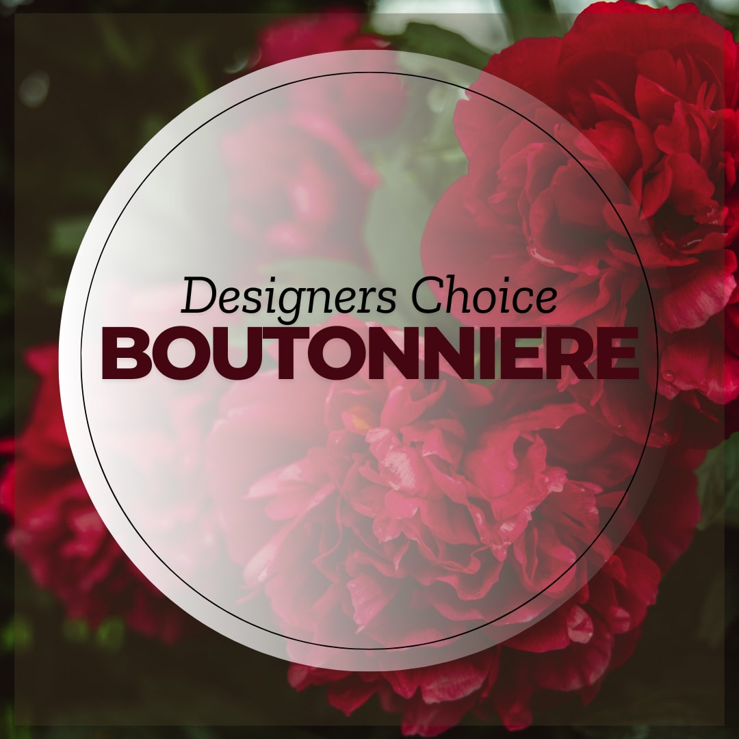 Red boutonniere with layered blooms and text overlay