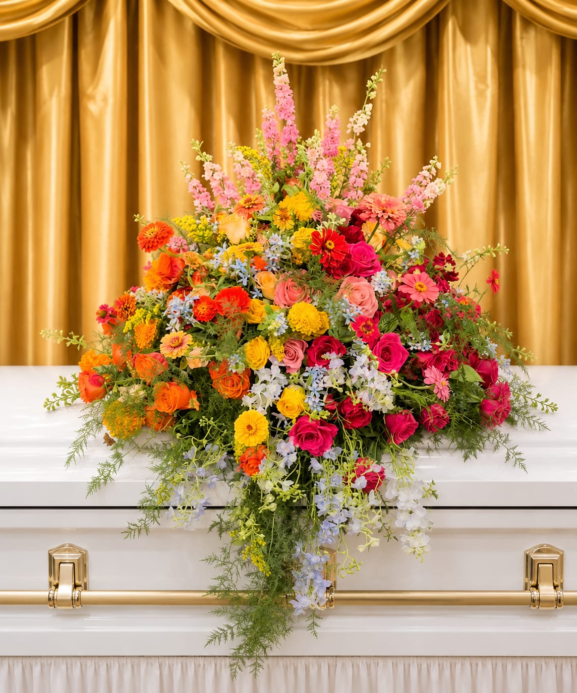 Colorful floral casket spray with roses, daisies, and snapdragons