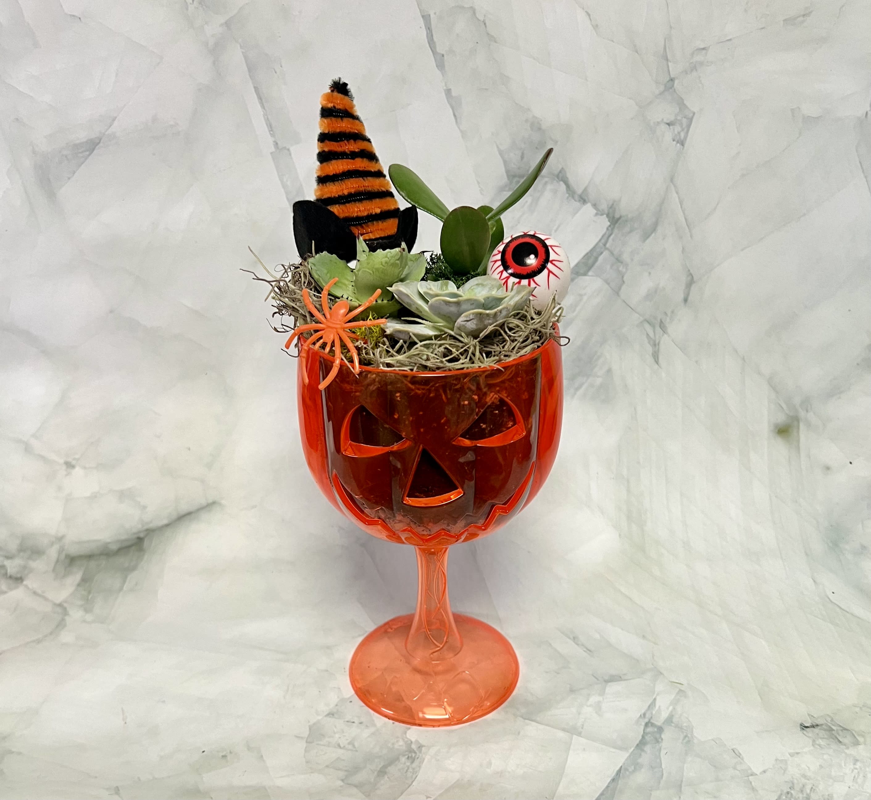Halloween succulent arrangement in an orange jack-o'-lantern goblet