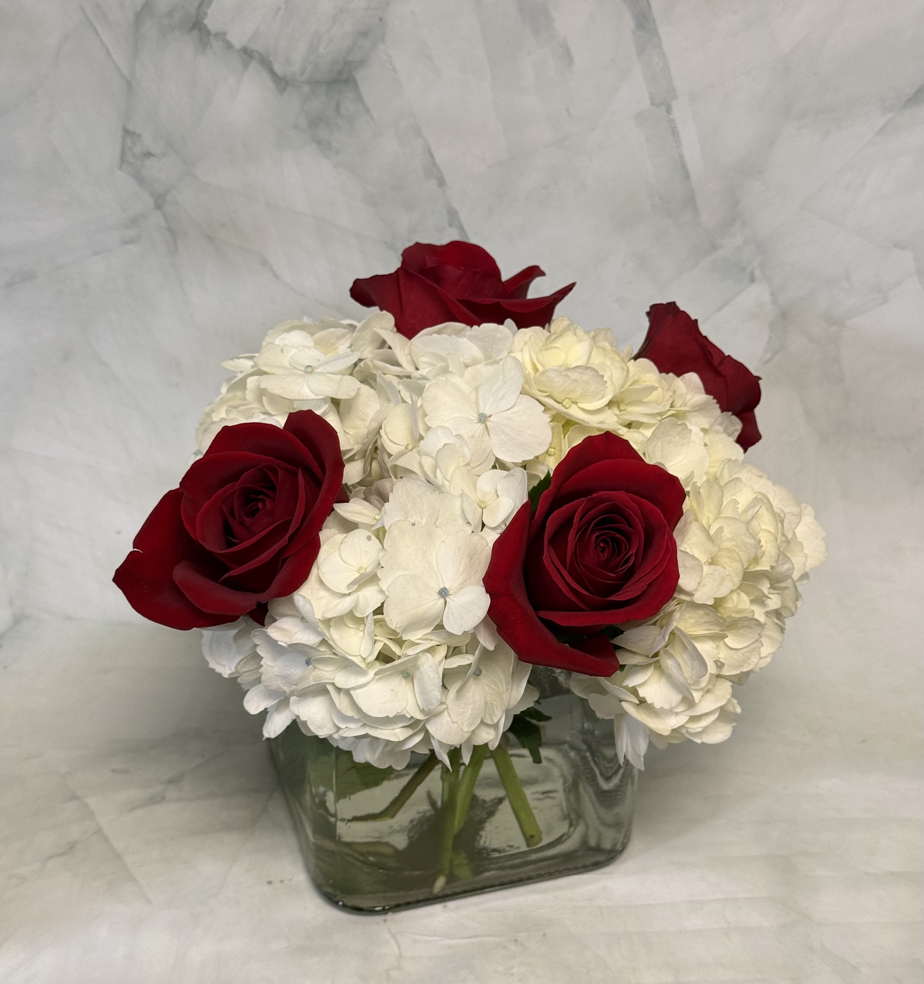 Romantic Evening - This simple, yet stunning arrangement includes red roses and pure white hydrangeas in a 5 inch by 5 inch cube. 