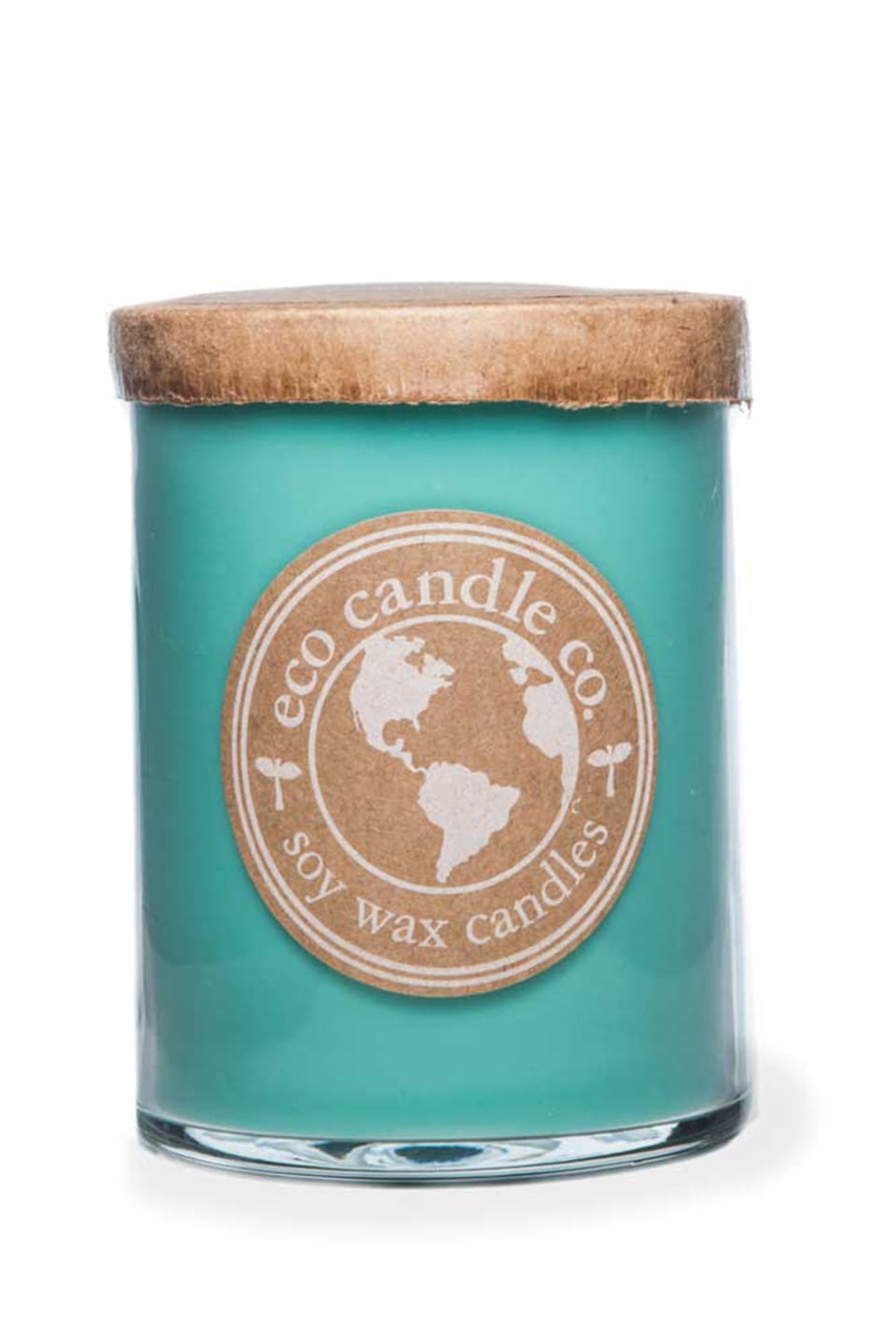 Teal soy candle in a glass jar with a wooden lid