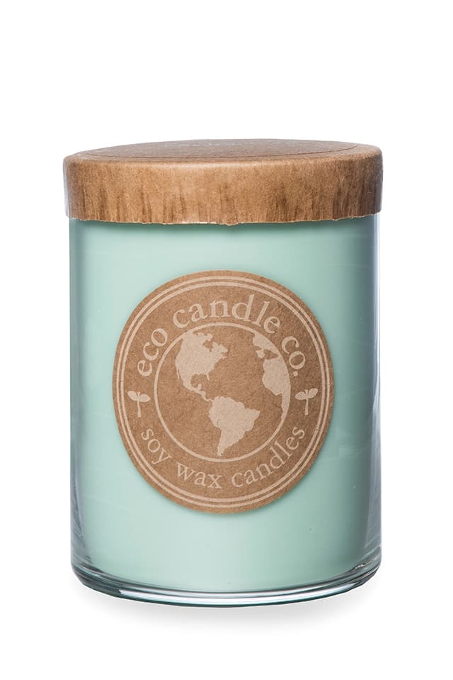 Mint-green candle in a glass jar with a wooden lid