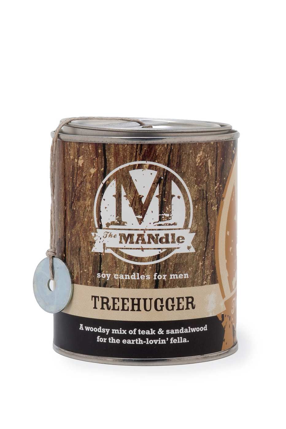 Tin candle labeled Treehugger with a wood-grain design
