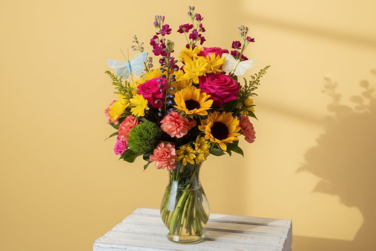 Birthdays &amp; Butterflies - Sunflowers and hot pink roses pair with peach carnations and yellow daisies for a burst of sunshine and joy-this birthday flower arrangement reads like a cheerful garden in a clear glass vase. Tall purple stock and blue delphinium add elegant height while lime-green pom mums and orange accents keep the palette lively; two decorative butterfly picks flutter through the blooms for a whimsical, celebratory touch that will make the recipient feel truly seen on their special day. approx 15 in X 23 in