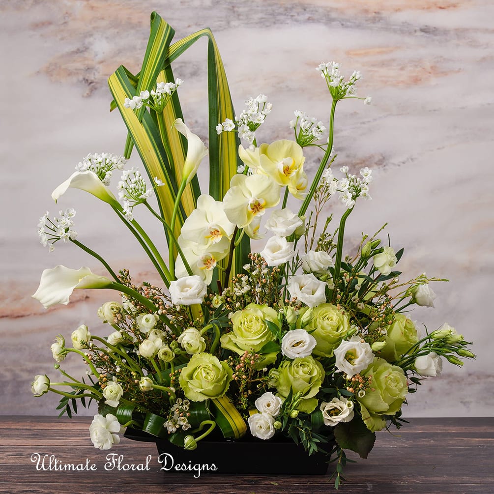White and green floral arrangement with orchids, roses, and calla lilies in a black container