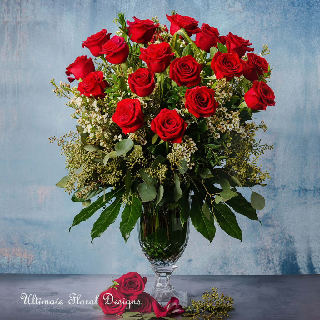 red romance - Love is just a word, until someone comes along and gives it meaning ️  Show your what they mean to you with a jaw dropping flower arrangement! Two dozen beautiful and perfrct roses gathered in an elegant clear urn shape with upscale greeney,seeded,parvofolia and wax.Arlia leaves are finishing the look. 