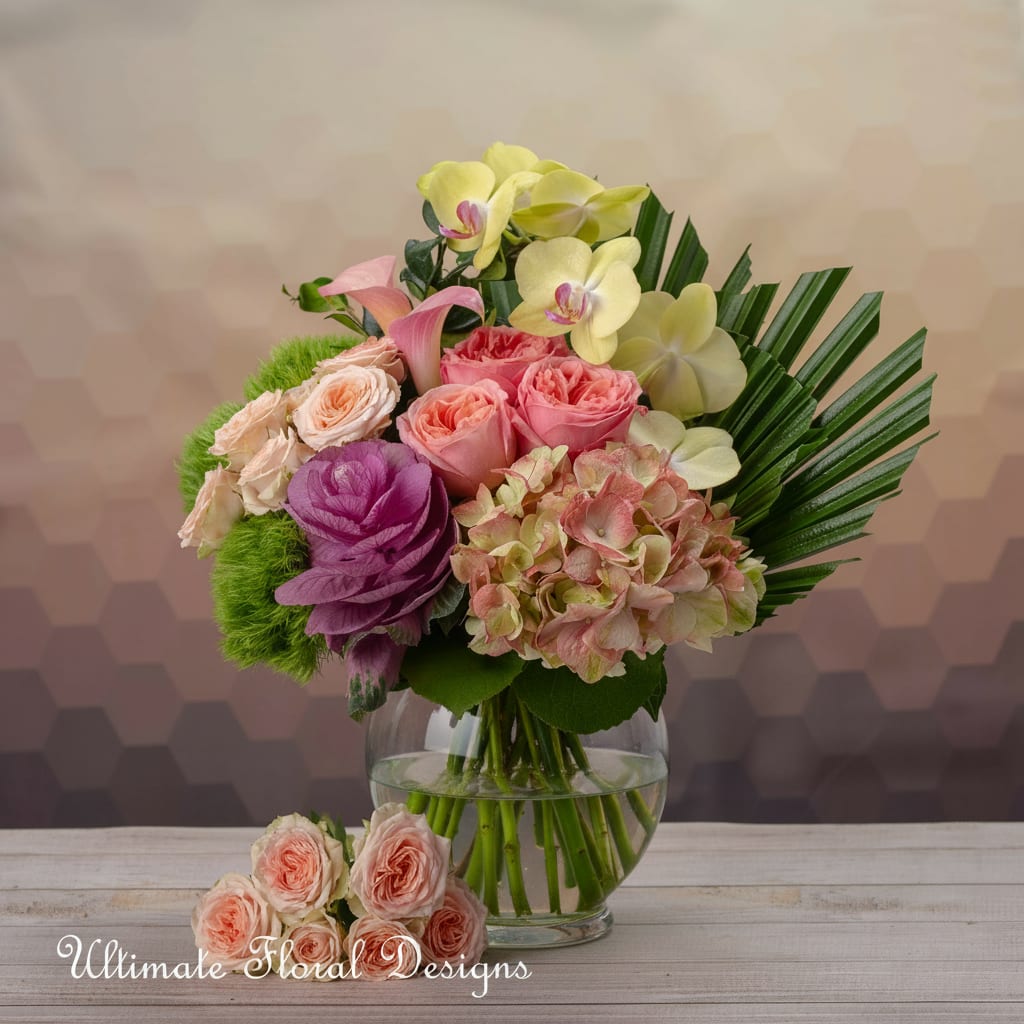 Sassy - Ecouchard Le Brun "The butterfly is a flying flower, the flower a tethered butterfly." Hydrangea, Orchid , Garden roses, Calla lily ,Kale ,Dianthus , Spray roses