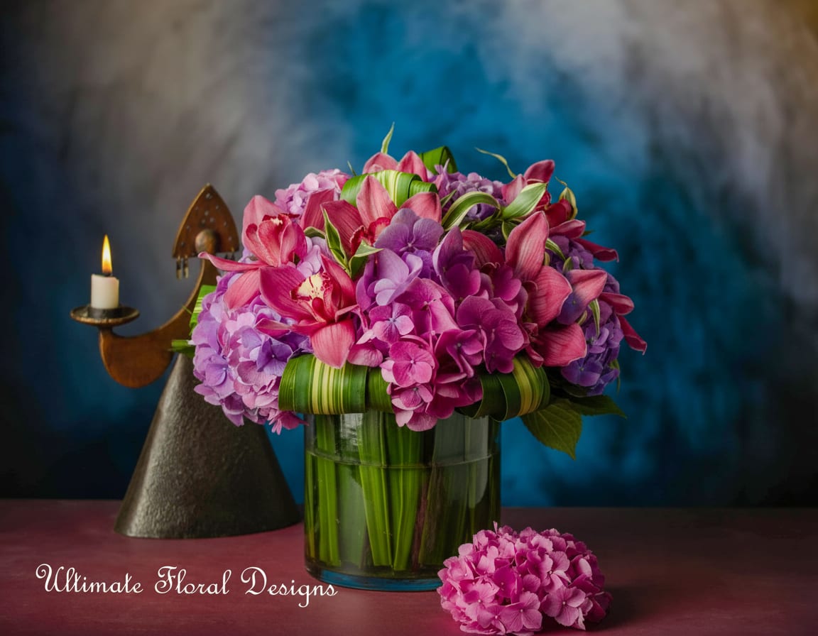 Pink and purple floral arrangement in a glass vase with a candle holder beside it