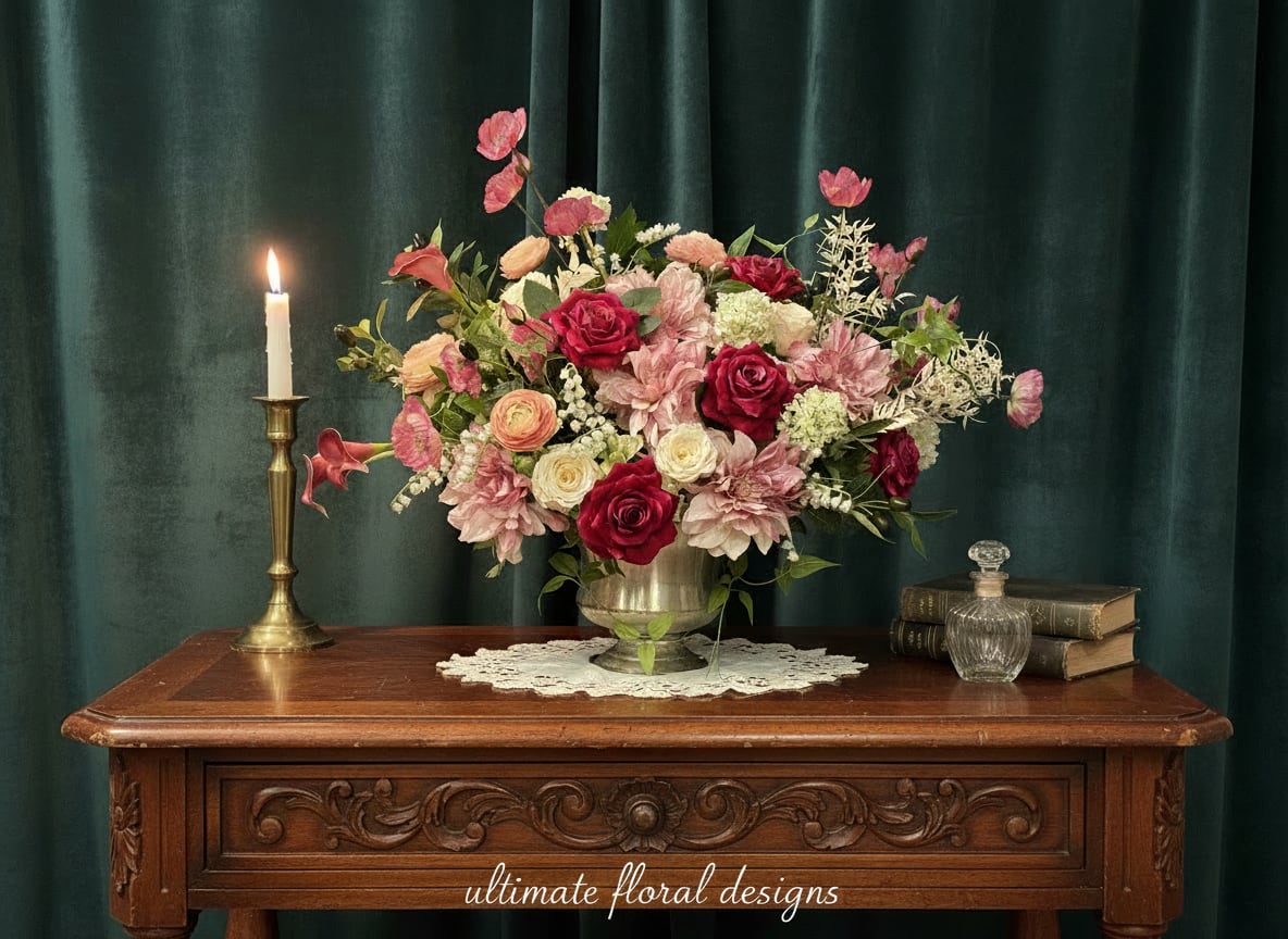 Pink and red floral arrangement in a metal vase beside a lit candle