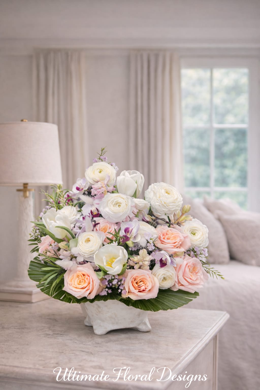 Pastel floral arrangement in a white vase with roses and tulips