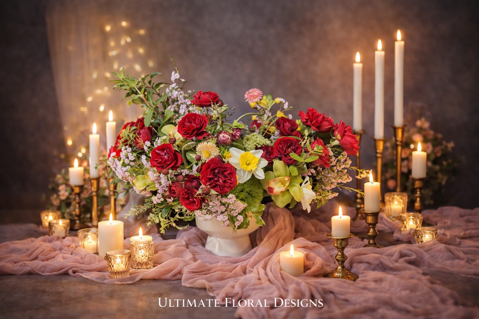 Whispers of Romance - An exquisite expression of romance and refined beauty, this lush garden-style arrangement features velvety red garden roses, delicate orchids, cheerful daffodils, and soft seasonal blooms, artfully layered with fresh greenery and textural accents.  Designed in an elegant pedestal vase, this piece is elevated by a warm, candlelit-inspired aesthetic—bringing a sense of intimacy, luxury, and timeless charm to any space. Perfect for romantic occasions, celebrations, or simply indulging in everyday elegance.  At Ultimate Floral Designs, we use premium flowers—many sourced from Holland—to create full, luxurious arrangements known for both quality and abundance.   Same-day flower delivery available in Great Falls, McLean, Vienna, Reston, Arlington, and Washington, DC