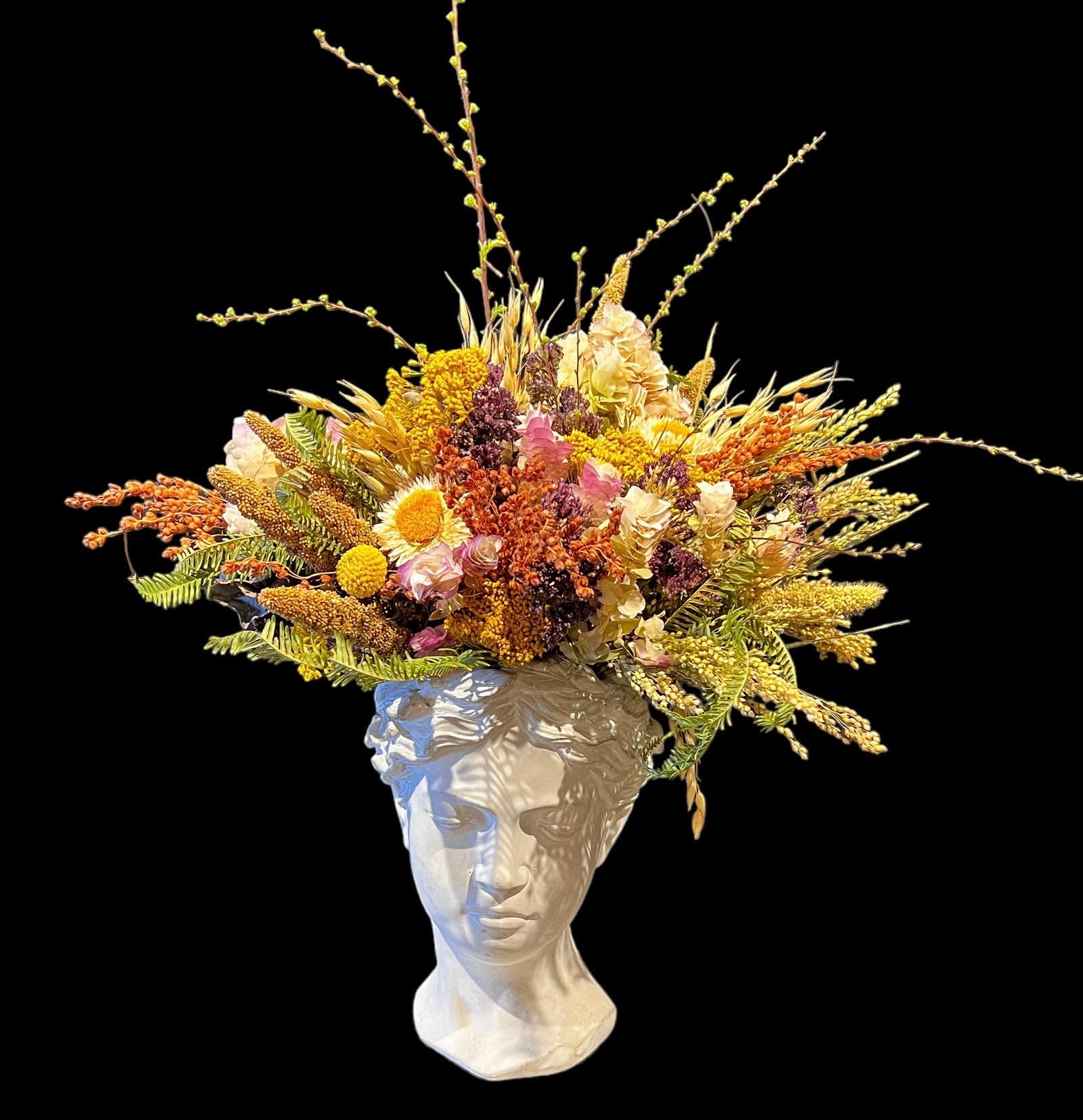 Unique Tapestry Dried Flowers in Goddess Vase - Each design it unique... this Diana Goddess Vase is packed with all the BOHO dried goodness we can find. Each creation is unique.  Long lasting! This is a dried creation. 
