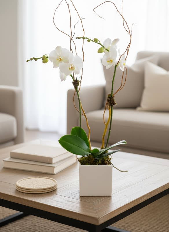 Phalaenopsis Orchid in White Ceramic - The White Orchid Planter is an elegant, long-lasting gift that beautifully conveys your sentiments. A snow-white phalaenopsis orchid plant displays its exotic blooms and is accented with curly willow and mosses.  Showcased in a modern classic square ceramic container.   A zen gift that will surely be remembered. Double spikes are all we stock unless none are available. 