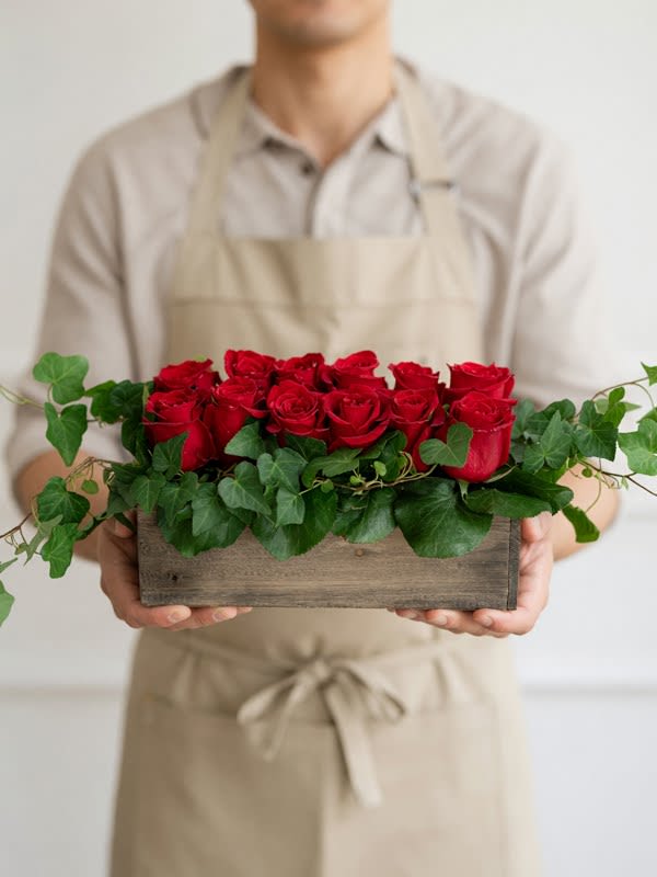 Rose Thicket - A dozen roses sitting pretty in two rows.. a hedge"rose" thicket.  Clean lines, gorgeous roses and a classic wooden box make this an excellent choice for any loved one in your life. Approximately 14" wide, 6.5" tall and 5" wide. 