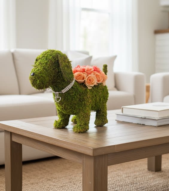 Puppy Love  - Adorable moss puppy with a mound of pretty in pink roses.. complete with "diamond" collar and heart charm!   Cuteness to the maximum.  LIMITED SUPPLY  Approx 12x9x4