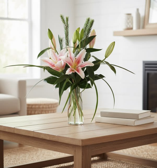  Lily Bouquet (colors vary) - Send this sweet bouquet ..... Fragrant Oriental lilies are accented with grass and arranged in a clear glass vase.