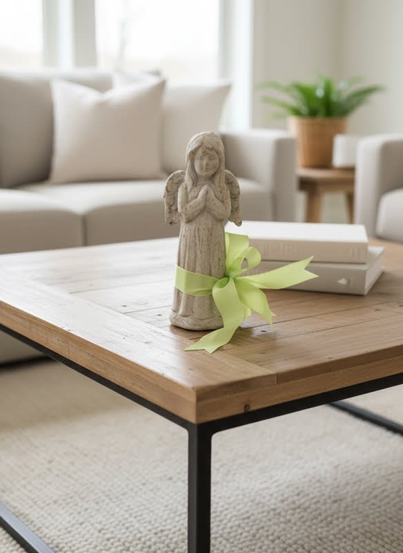 Aged Stone like Praying Angel  - Sweet aged concrete angel holding it's hands in prayer. Sweet memorial for the loved one in your life.  Perfect for home, garden or screened porch.  Approx 13x5.5  Delivered as seen with a bow and your card with sentiment tied to it.