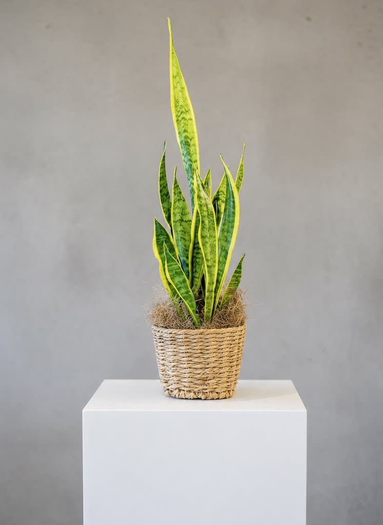Sansevieria Plant in seagrass basket - Sansevieria or Snake Plant,  easy care.  This 6" grow pot is placed in a seagrass container.  Let these plants dry out between watering.  We water ours about every 10-15 days. 