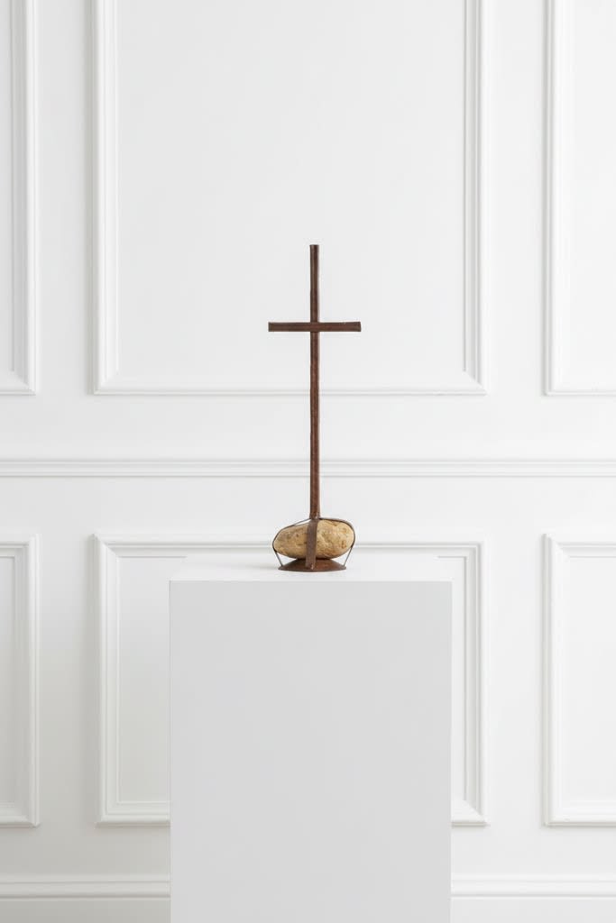 Rustic Cross with caged rock base - A striking token of faith and love... a memorable gift for friend or kin.   A rustic cross fashioned from scrap metal and anchored with a caged riverstone base.  Handmade, each vary in size.. but rough measurements are  5.5" x 4" x 16"t.  This is delivered with your gift message tied onto it. 